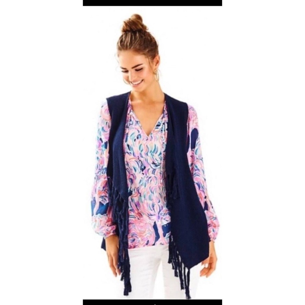 NEW Lilly Pulitzer Women's Navy Colina Sweater Cardigan Vest with Fringe Size XS